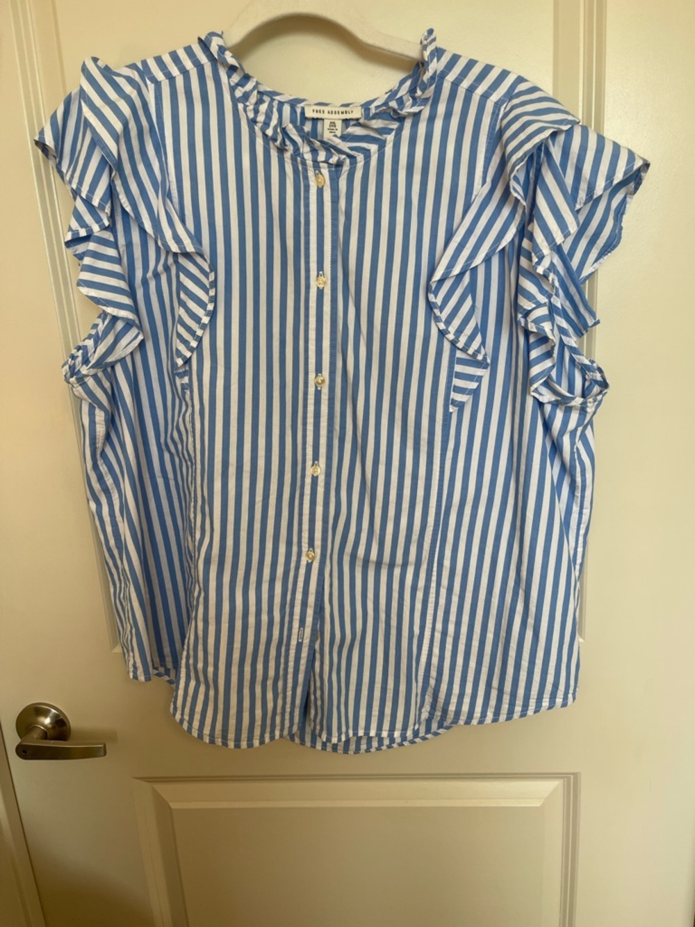 Blue & White Striped Ruffle Sleeve Blouse